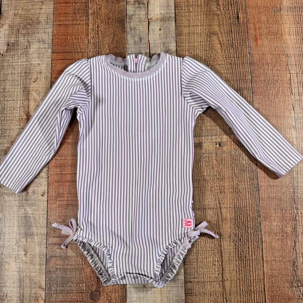 RuffleButts Girls 3T Lavender Seersucker Long Sleeve Rash Guard One Swimsuit